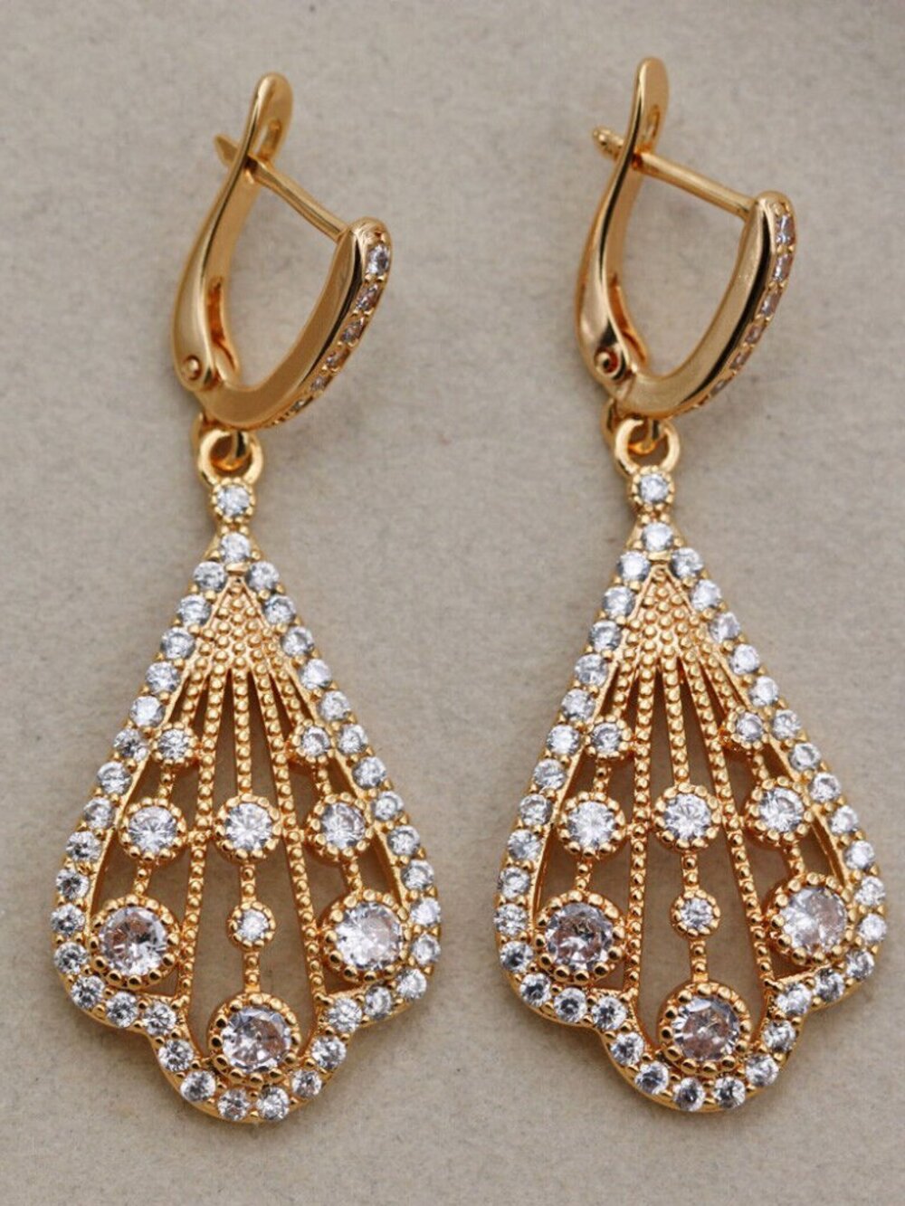 18K Yellow Gold Filled Filigree Teardrop White Diamond Zircon Dangle Earrings - Picture 4 of 4